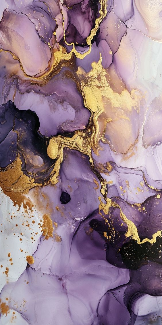 an abstract painting with gold, purple and black paint on it's surface is featured in this image