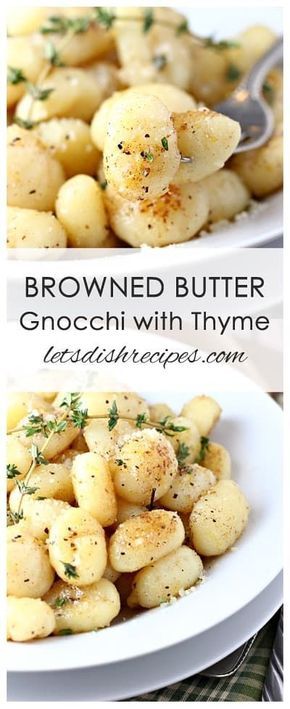 two plates filled with brown butter gnocchini and thyme potatoes on a white plate