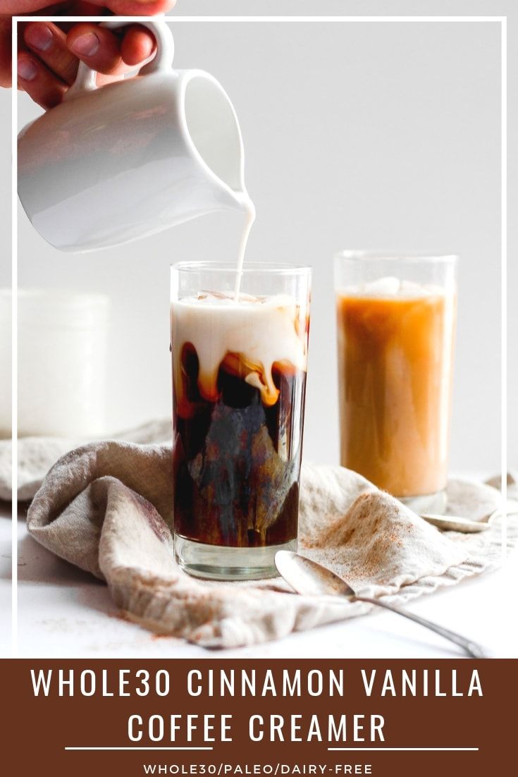 coffee creamer being poured into a glass with cinnamon vanilla coffee in it and the words, wholeso cinnamon vanilla coffee creamer