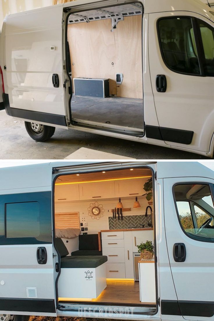 the inside and outside of a van with its doors open