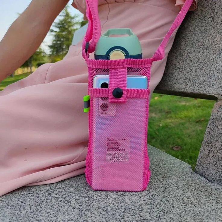 Brand New Crossbody Bag Holds Phone And Water Bottle Phone Secures With Snap Closure Pink Mesh Puffy Bags, Hiking Water Bottle, Mobile Phone Pouch, Water Bottle Pouch, Mesh Pouch, Water Bottle Carrier, Water Bottle Bag, Water Bottle Covers, Luggage Bags Travel