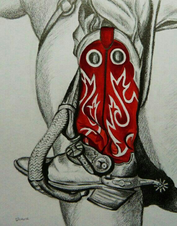 a drawing of a cowboy boot with the word love written on it, in red and white