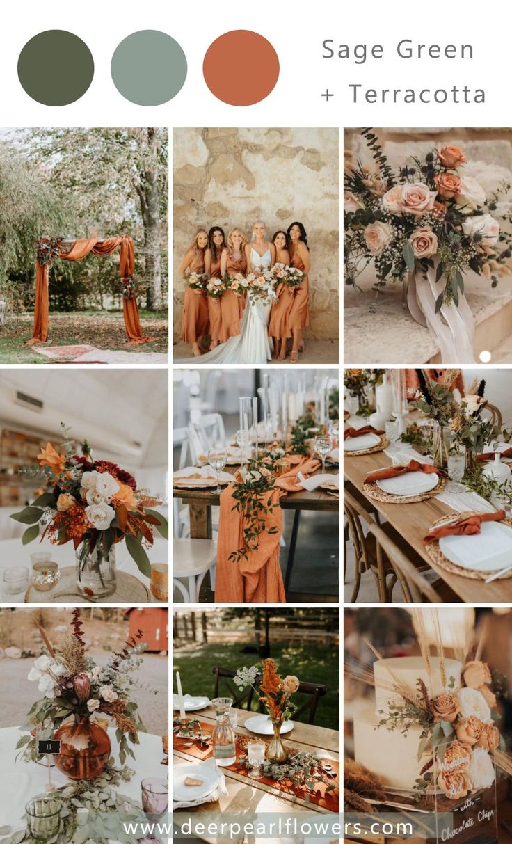 an orange and green wedding color scheme with peachs, greenery, and white flowers