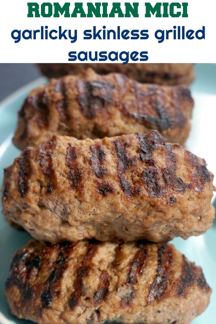 two hamburger patties stacked on top of each other with text overlay reading roman mic garlicky skinless grilled sausages