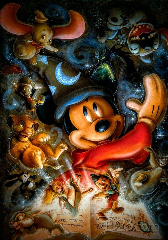 mickey mouse reading a book with many other characters around him in the sky and on top of an open book