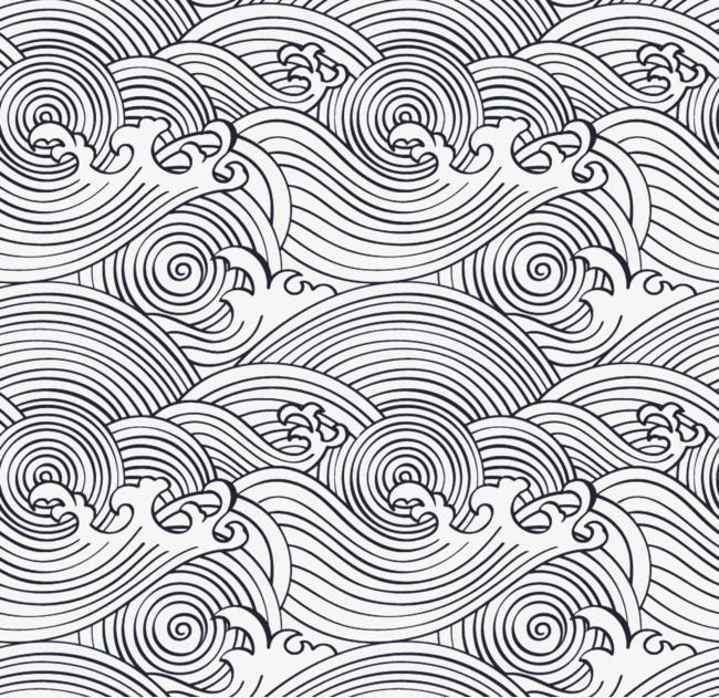 an abstract black and white pattern with wavy waves on the bottom, which are outlined in lines