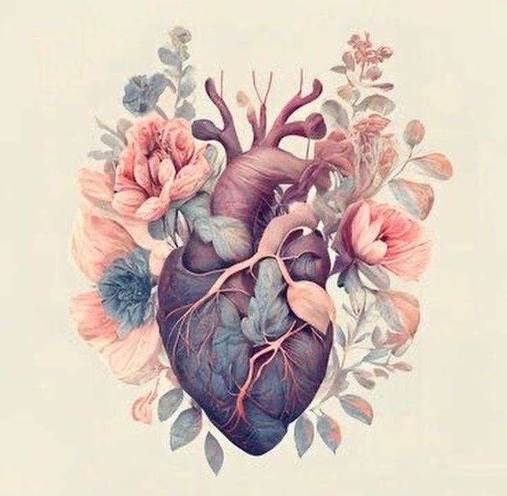 a drawing of a heart with flowers and leaves