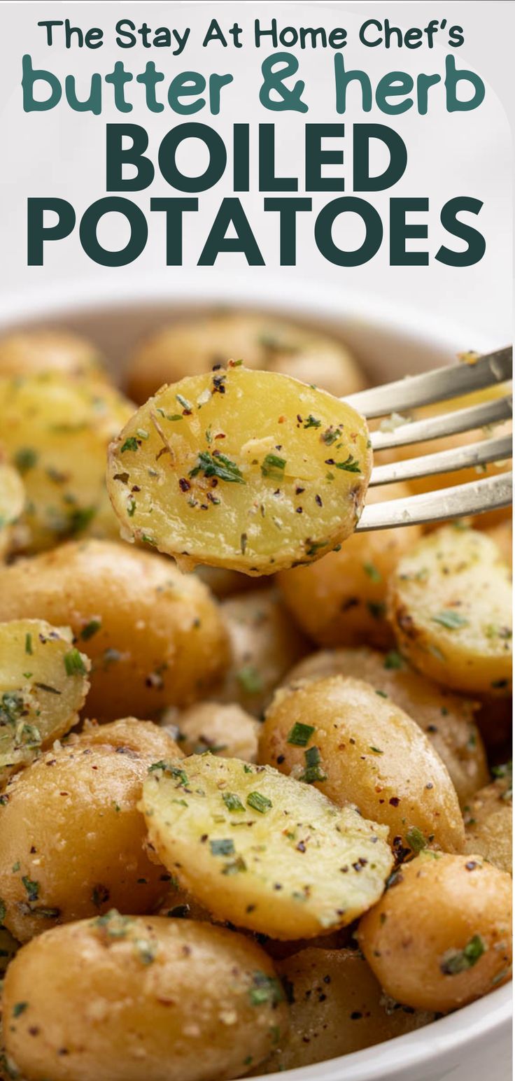 A fork lifting a potato from a bowl of boiled potatoes with butter and herbs. Best Boiled Potatoes, Best Boiled Potatoes Recipe, Soft Potatoes, Boil Potatoes Recipes, Season Potatoes In Oven, Buttered Potatoes, Boiled Roasted Potatoes, Boiled Potato Recipes Side Dishes, Boiled Baked Potatoes