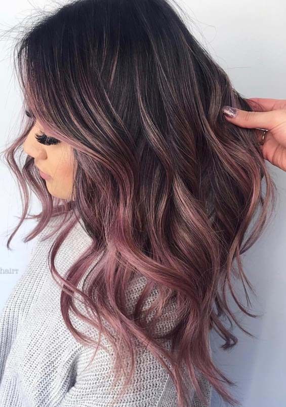 Hombre Brunette Hair, Rainbow Bangs, Blackberry Hair Colour, Balayage Asian Hair, Rainbow Highlights, Colorful Hairstyles, Gold Hair Colors, Hair Color Rose Gold, Fall Hair Color Trends