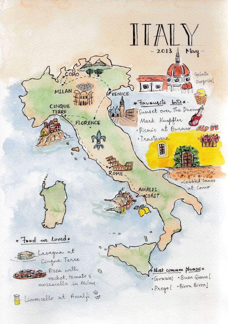 a watercolor and ink map of italy with the names of its major cities, towns and lakes