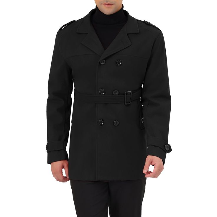 Men's solid trench coat, lapel, double-breasted, button closure, belt. Made of 100% polyester material with a belt, which makes this casual pea coat different from the other overcoats. Casual style, suitable for formal business and casual occasions. A wardrobe unique necessity for you to release your charm and be attractive in winter or autumn days. Gifts for your brothers, father, friends or boyfriend, and yourself. Model Body Size: Height: 6'1", Weight: 175 lbs. Shoulder: 19 2/8 inches, Chest: Formal Double-breasted Outerwear With Belt Loops, Classic Outerwear With Belt Loops For Business, Double-breasted Peacoat With Double Button Closure, Black Double-breasted Belted Pea Coat, Black Winter Outerwear With Belt Loops, Black Belted Double-breasted Pea Coat, Black Belted Long Pea Coat, Black Business Outerwear With Belt Loops, Solid Outerwear With Belt Loops For Fall