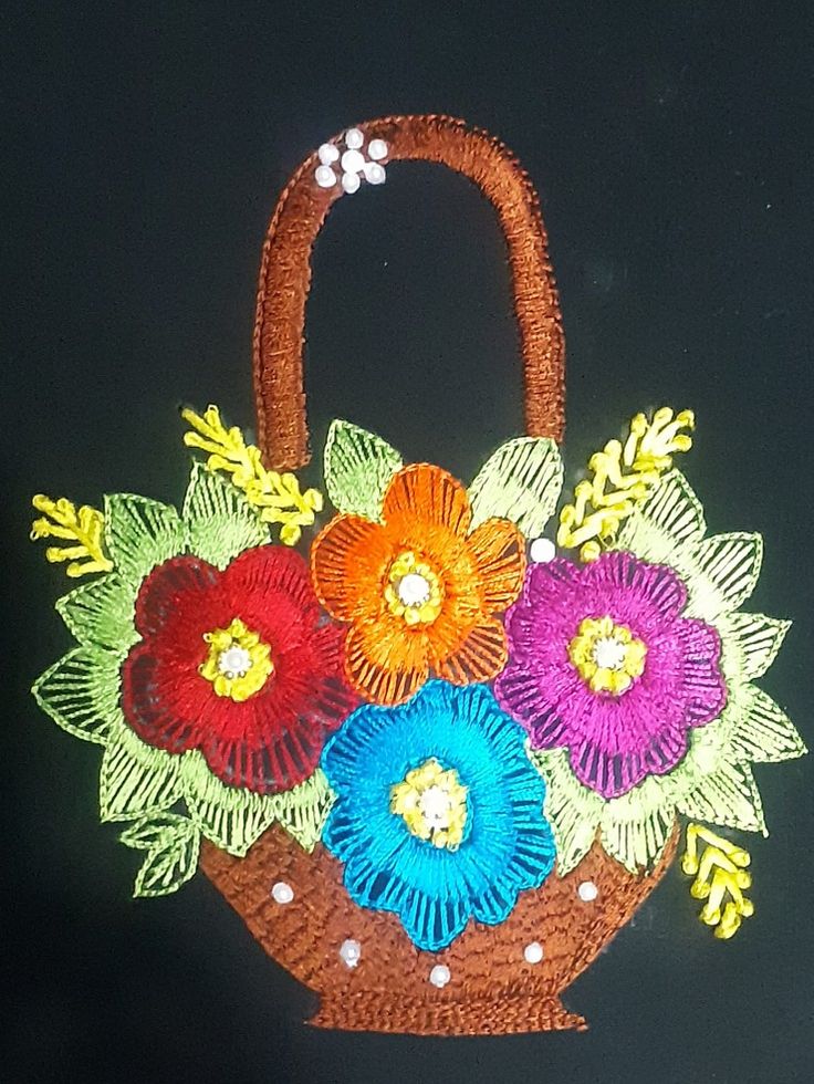 a basket filled with colorful flowers sitting on top of a table