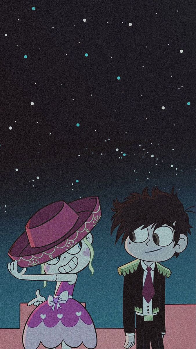 two cartoon characters standing next to each other in front of a night sky with stars