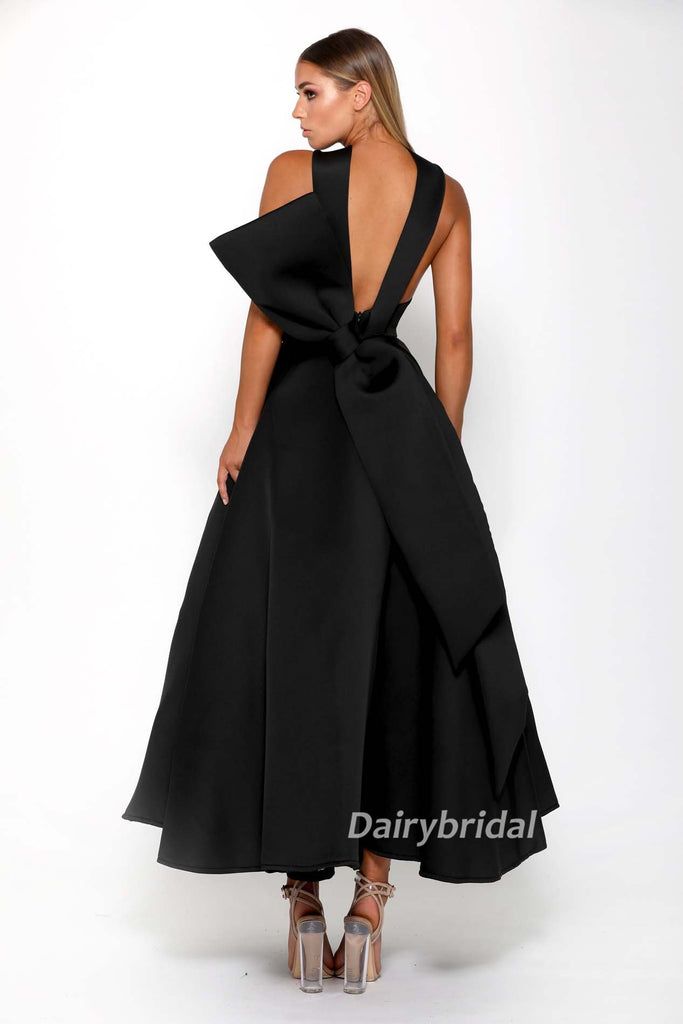 Black A-line Satin High Neck Backless Tea-Length Bridesmaid Dress, FC2 – Dairy Bridal Tea Length Bridesmaid Dresses, Portia And Scarlett, Elegant Dresses Classy, Tea Length, Classy Dress, Bridesmaid Dress, Classy Outfits, Elegant Dresses, Evening Gowns