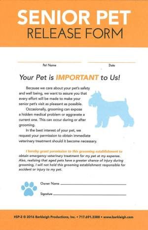 an orange and white flyer with a dog's paw on it, says senior pet release form your pet is important to us