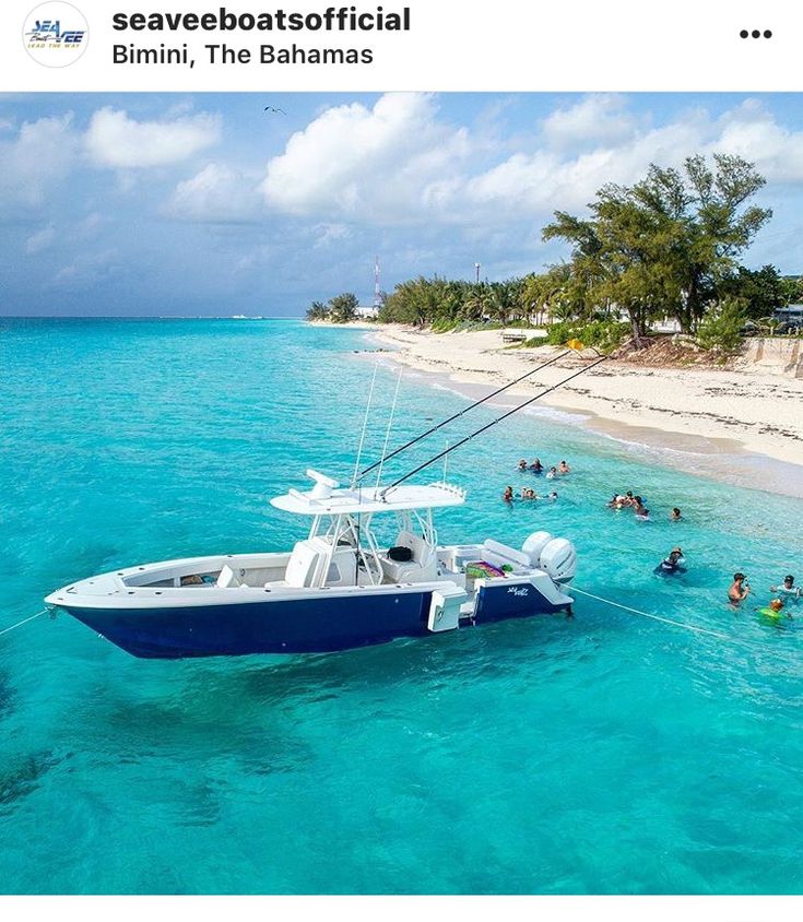 people swimming in the ocean next to a boat