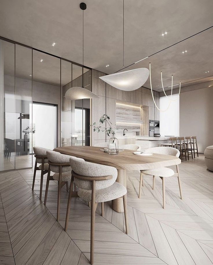 a dining room table surrounded by white chairs and stools in front of a glass wall