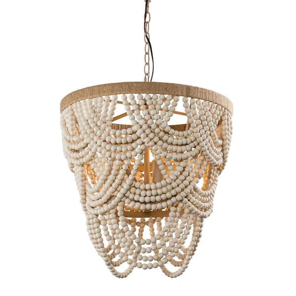 a white chandelier with beads hanging from it's center point, on a chain