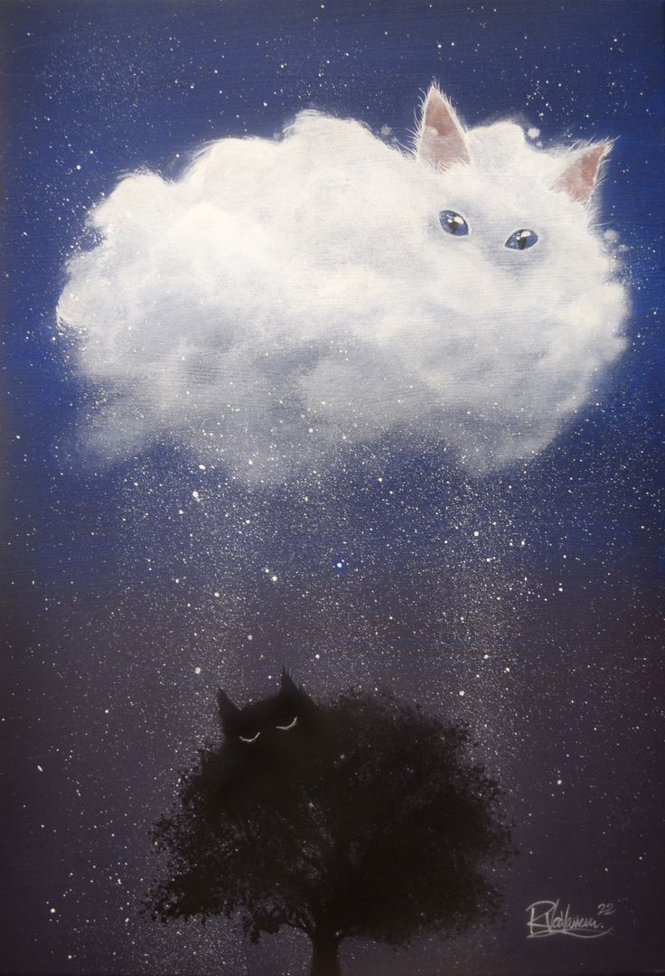 a painting of a white cat sitting on top of a cloud above a black tree