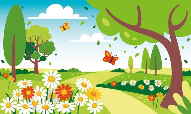 an image of a park scene with flowers and butterflies in the air on a sunny day