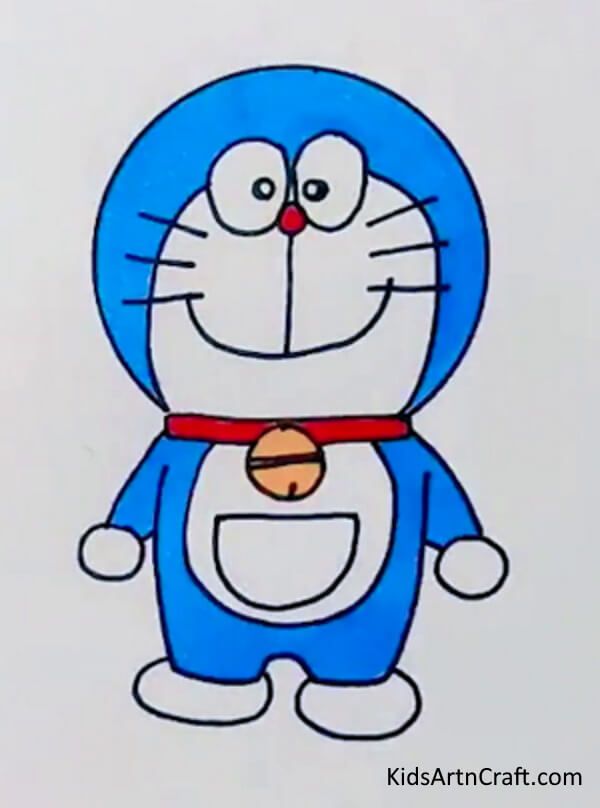 a drawing of a cartoon cat with a bell around its neck and eyes, in front of a white background