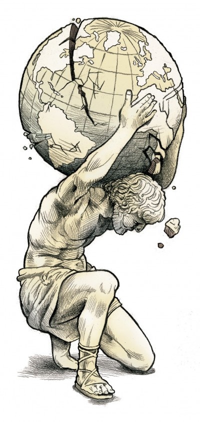 a drawing of a man holding the world on his head