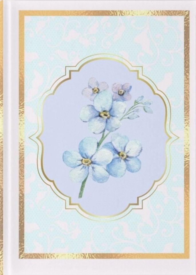 a card with blue flowers in a gold frame on a white and light blue background