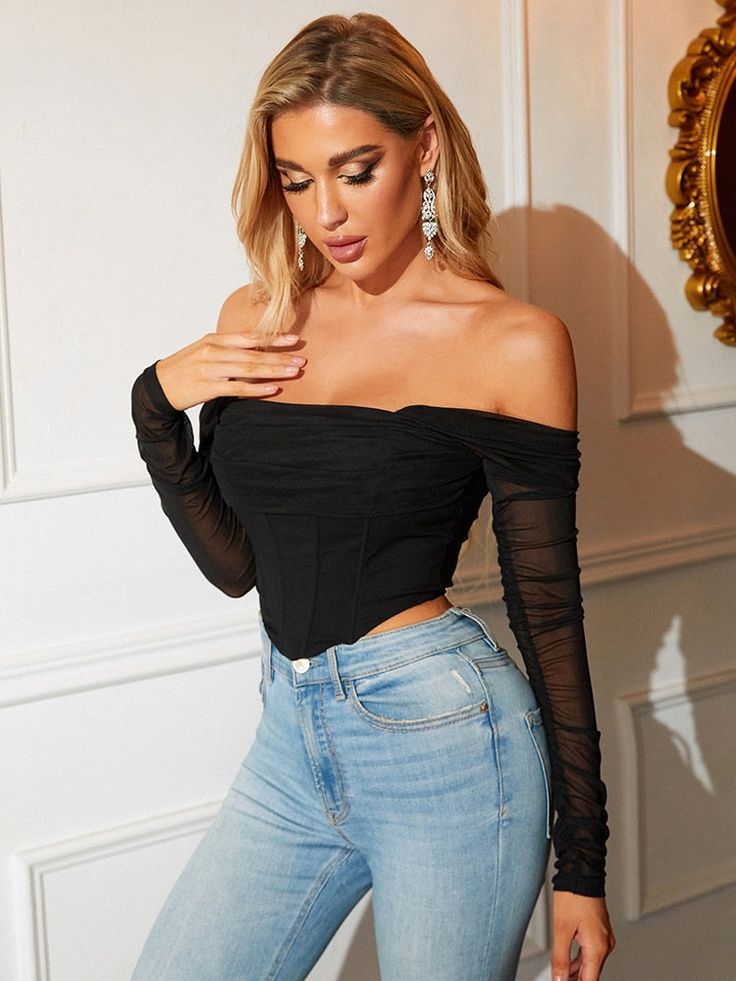 Look your best in this hot Colla Mesh Off Shoulder Long Sleeve Corset Top! This stylish top features an ultra-modern corset design and long, sultry mesh sleeves, along with a zipper closure that'll keep you looking and feelin' fierce. Give 'em a showstopping look that'll drop jaws! Pair with jeans or a skirt for an immediately elevated look!Thickness: MidweightSleeve Style: Pile up sleevesPattern Type: SolidMaterial: Polyester, SpandexFabric: MeshCare: Gentle Wash Cycle Sheek Outfits, Mesh Top Dress, Corset Outfit Ideas, Ruched Mesh Top, Long Sleeve Corset Top, Corset Looks, Top Azul, Corset Styles, Selfie Pics