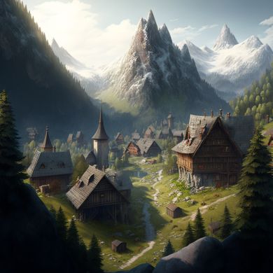 a painting of a village in the mountains