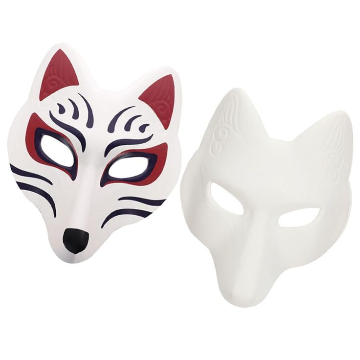 two white masks with red and blue designs on the face, one has a fox's head