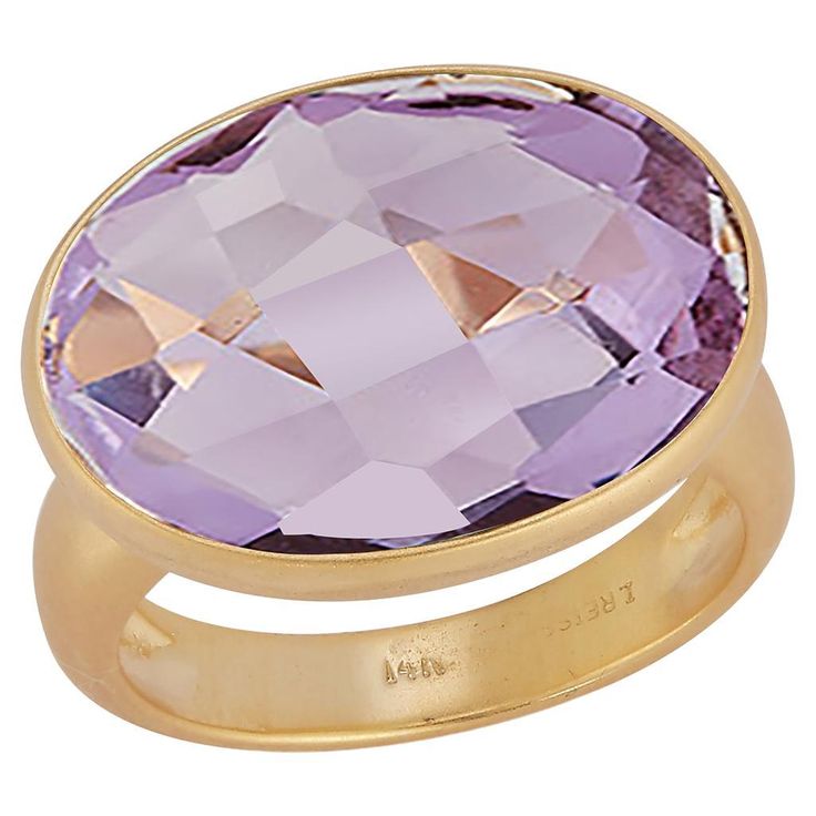 14 Karat Yellow Gold Satin-Finish Hand-Crafted Cocktail Ring, Set with an 18x13mm Oval Shaped Checkerboard Amethyst Semi-Precious Color Stone. Elegant Faceted Amethyst Ring In Yellow Gold, Faceted Amethyst Ring In Yellow Gold Fine Jewelry, Elegant Gold Faceted Amethyst Ring, Elegant Gold Amethyst Ring With Faceted Detail, Elegant Gold Amethyst Ring With Faceted Cut, Faceted Yellow Gold Amethyst Ring, Faceted Amethyst Ring In Yellow Gold, Amethyst Color, Gold Satin