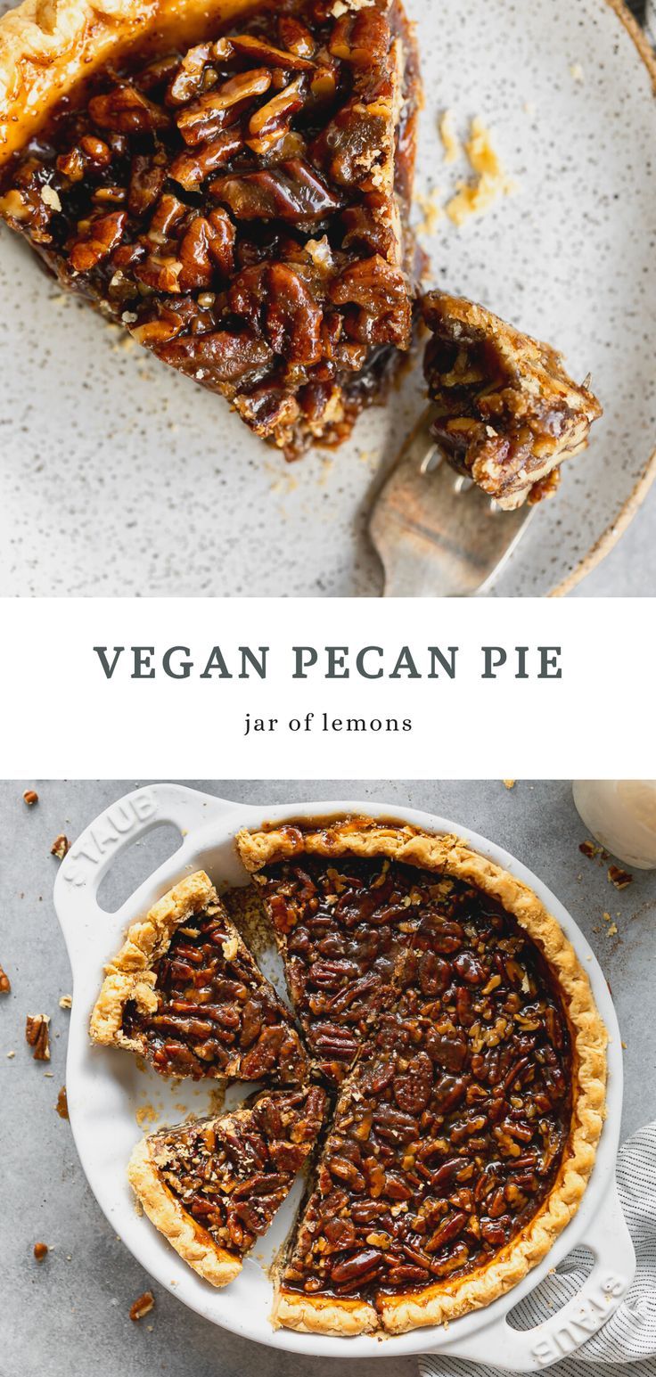 vegan pecan pie on a plate with a slice cut out