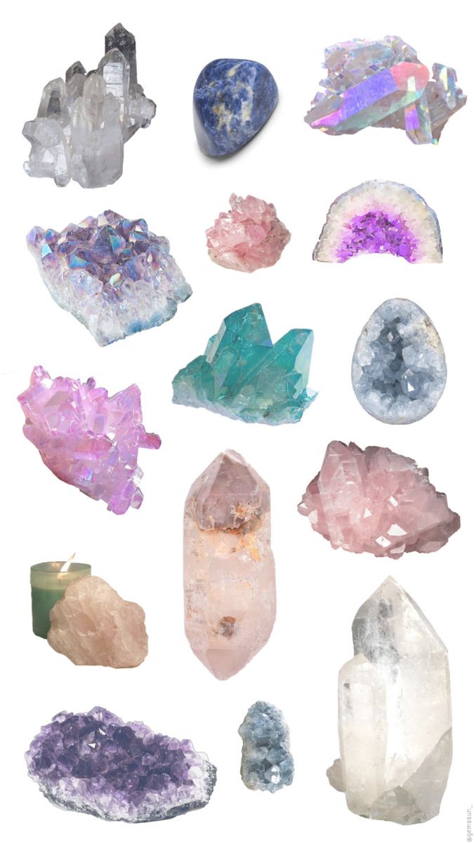 different types of crystals on a white background