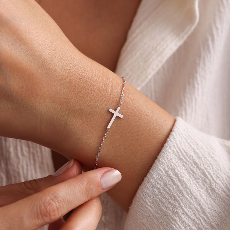 ✝ 9 2 5 K   S T E R L I N G   S I L V E R   C R O S S   B R A C E L E T ✝ ⛪ We are happy to make the first perfectly elegant cross bracelet. The completely handmade 925K silver bracelet will add elegance to you or your loved ones both in your daily life and in your special moments. We are sure that it will be a very special gift and that the people you care about and love will love this bracelet very much. This bracelet, which will symbolize your faith on your religious days, is carefully produc Christian Jewelry For Women Bracelets, Nickel-free Rosary Bracelet As Gift, Nickel-free Cross Bracelet Gift, Adjustable Cross Chain Bracelet As Gift, Christian Jewelry For Women, Silver Cross Bracelet, Christian Gifts For Women, Women Bracelets, 5 K