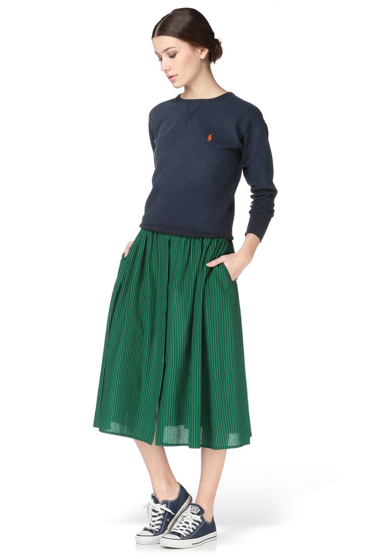 Jupe verte longue rayée Jo Raye Les Prairies De Paris sur MonShowroom.com Creative Closets, Midi Skirt, Mac, Paris, Closet, Clothes