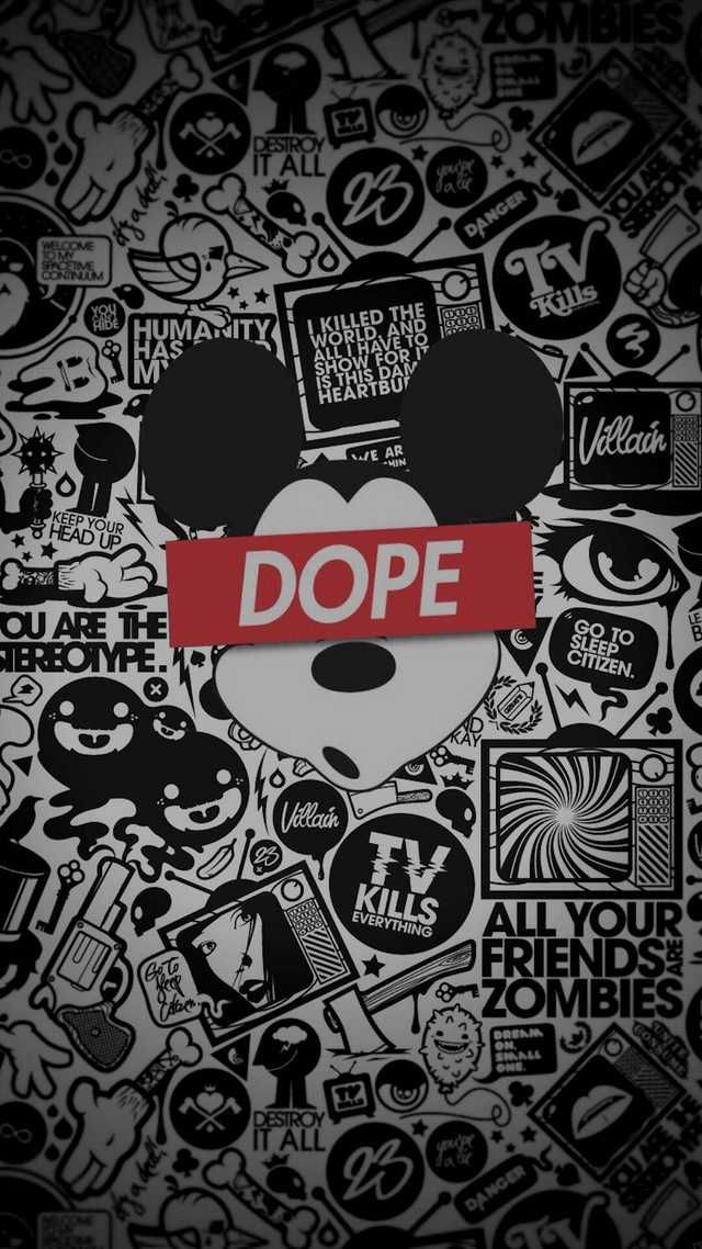 mickey mouse with the word dope on it's face surrounded by stickers