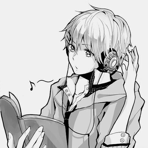 an anime character holding a book and listening to headphones on his ears, while looking at the camera