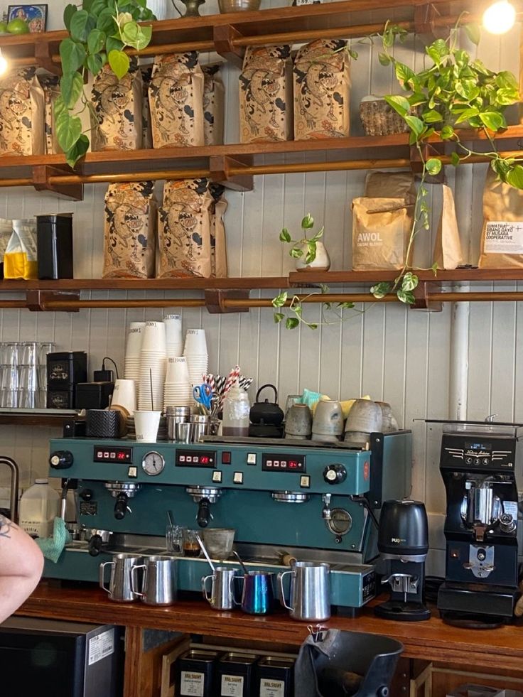 a woman standing in front of a coffee machine with plants growing on the shelves above her