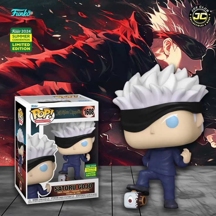 the pop vinyl figure is in front of a box with an image of a character on it