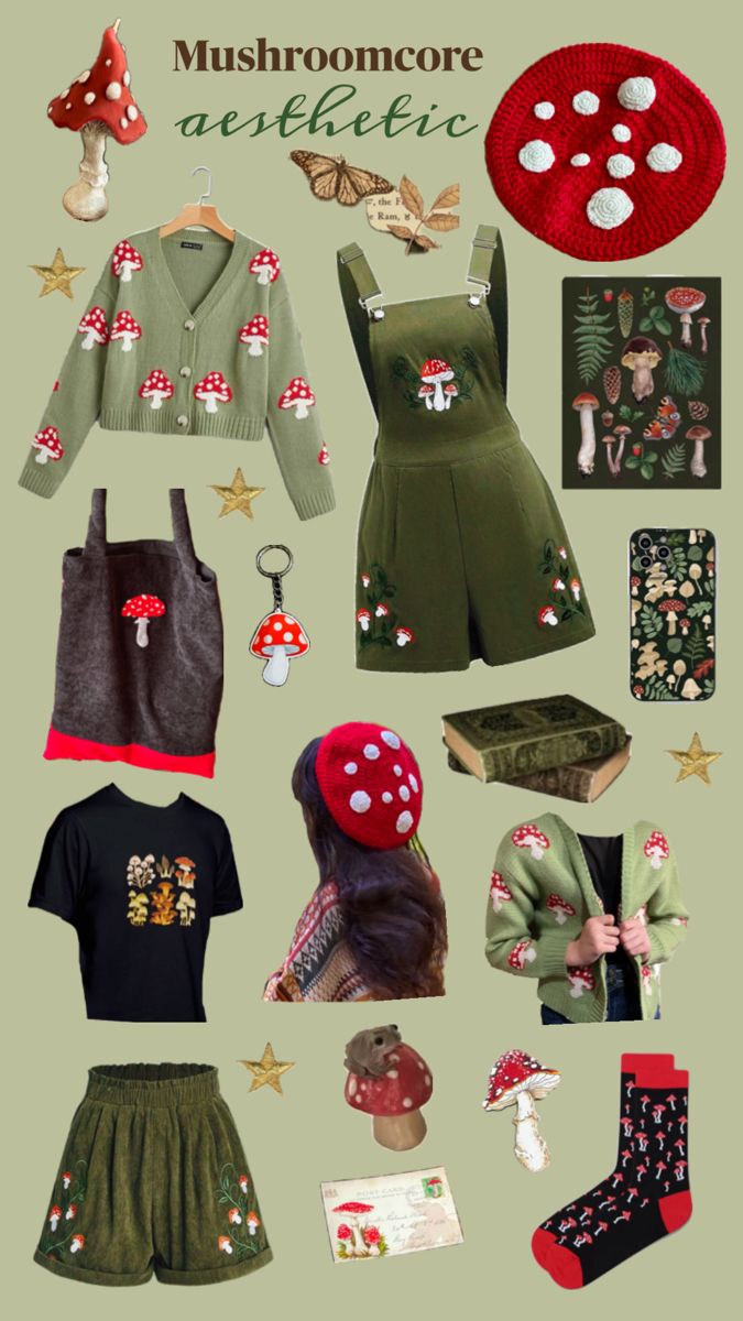 Mushroom outfits Mushroomcore Aesthetic, Goblincore Aesthetic Outfits, Goblincore Outfits, Cottage Core Clothes, Cottage Forest, Mushroom Core, Goblincore Aesthetic, Mushroom Cottage, Cottagecore Clothes