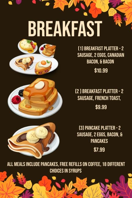 the breakfast menu is shown with pancakes and other foods on plates in front of it