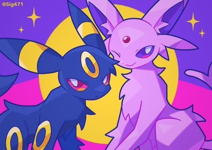 two cartoon pokemons standing next to each other in front of the moon and stars