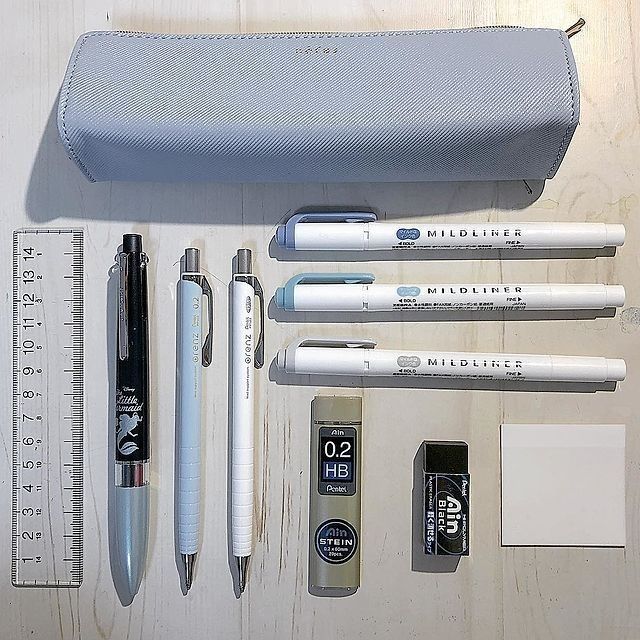 the contents of a pen, ruler, and other items laid out on a table