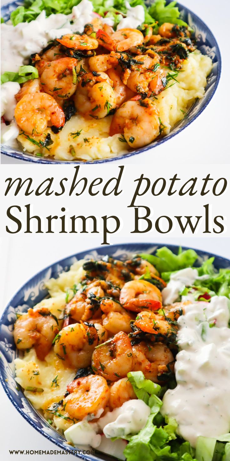 two plates filled with mashed potatoes and shrimp