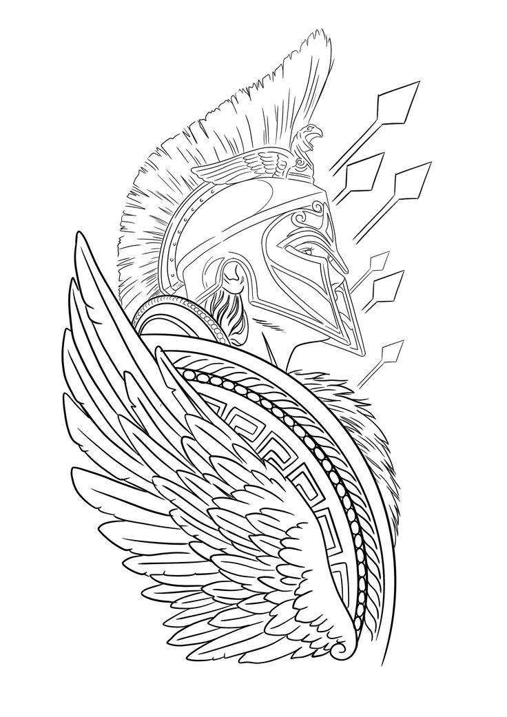 a drawing of an eagle with wings and a helmet on it's head, in black and white