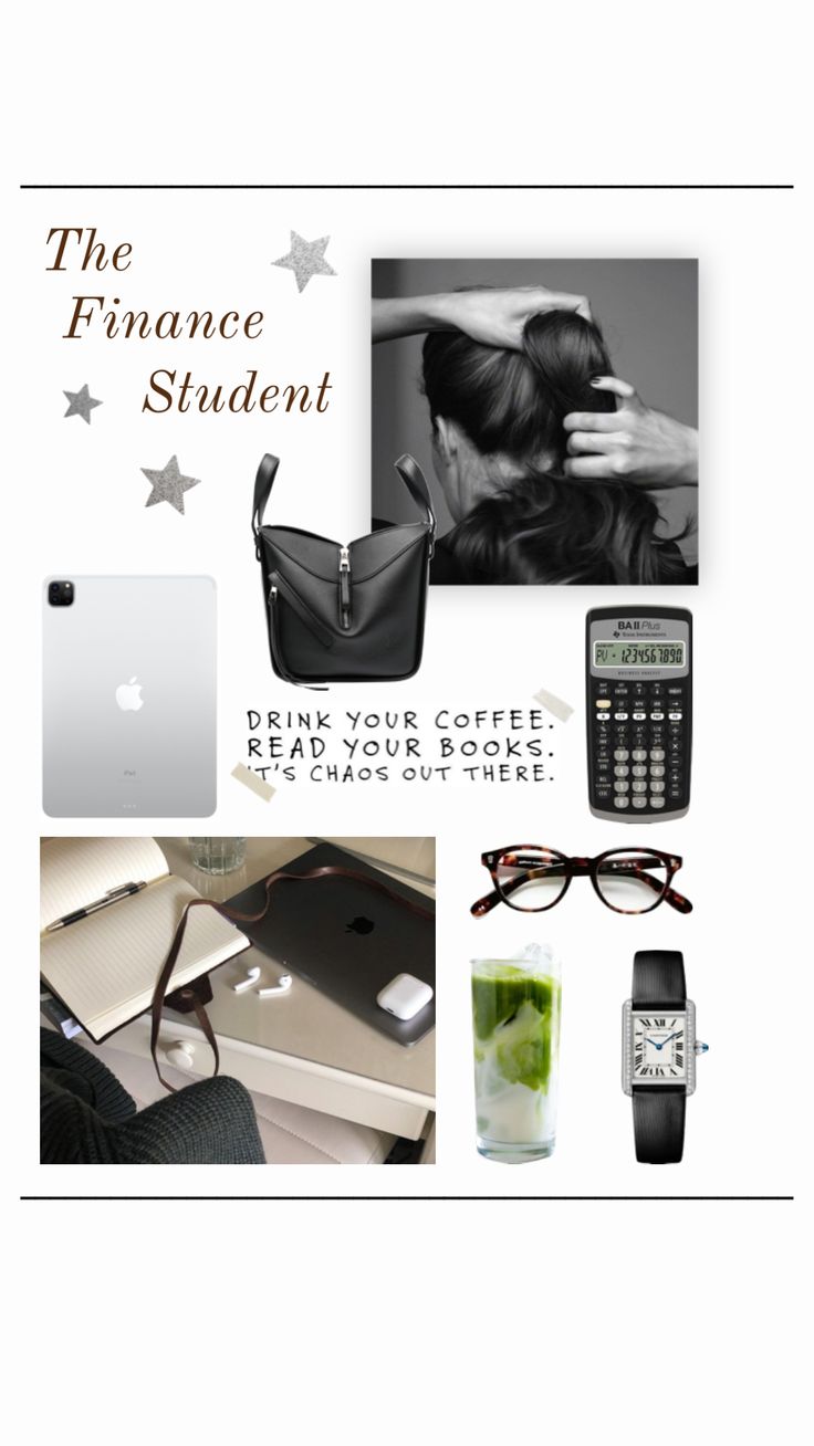 an advertisement for a finance student with various items including a cell phone, laptop and calculator