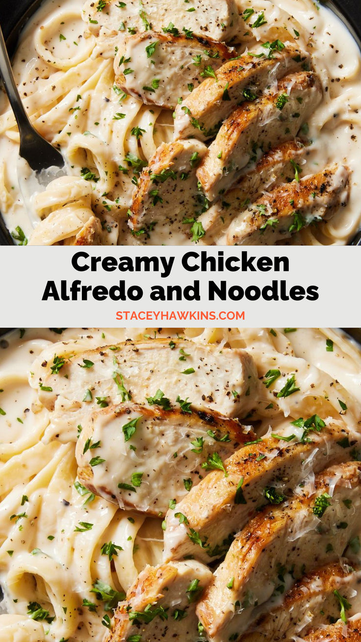 creamy chicken alfredo and noodles in a skillet