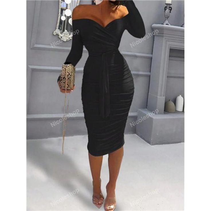 -Item Id 35314160 -Details: Belted, Ruched, Wrap -Neckline: Off The Shoulder -Sleeve Type: Regular Sleeve -Style: Elegant -Type: Bodycon -Waist Line: High Waist -Hem Shaped: Pencil -Color: Black -Pattern Type: Plain, All Over Print, Textured Pattern -Sleeve Length: Long Sleeve -Fit Type: Slim Fit -Length: Midi -Material: Fabric -Composition: 95% Polyester, 5% Elastane -Care Instructions: Machine Wash, Do Not Dry Clean -Sheer: No -Fabric: Medium Stretch -Pockets: No **Open To Offers!!!** **Bundle Black Long Sleeve Midi Dress Formal, Black Evening Gowns Elegant Classy, Winter Bday Dress, Black Dresses For Graduation, Black Evening Dress Classy, Classy Winter Dress, Long Sleeve Midi Dress Formal, Black Dress For Graduation, Black Evening Gown Elegant