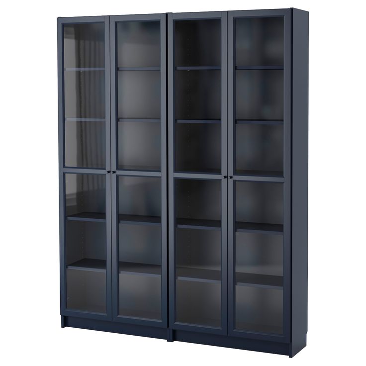 an empty bookcase with glass doors on the front and bottom, against a white background