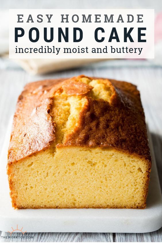 a loaf of pound cake sitting on top of a white plate with the words, easy homemade pound cake incredibly moist and buttery